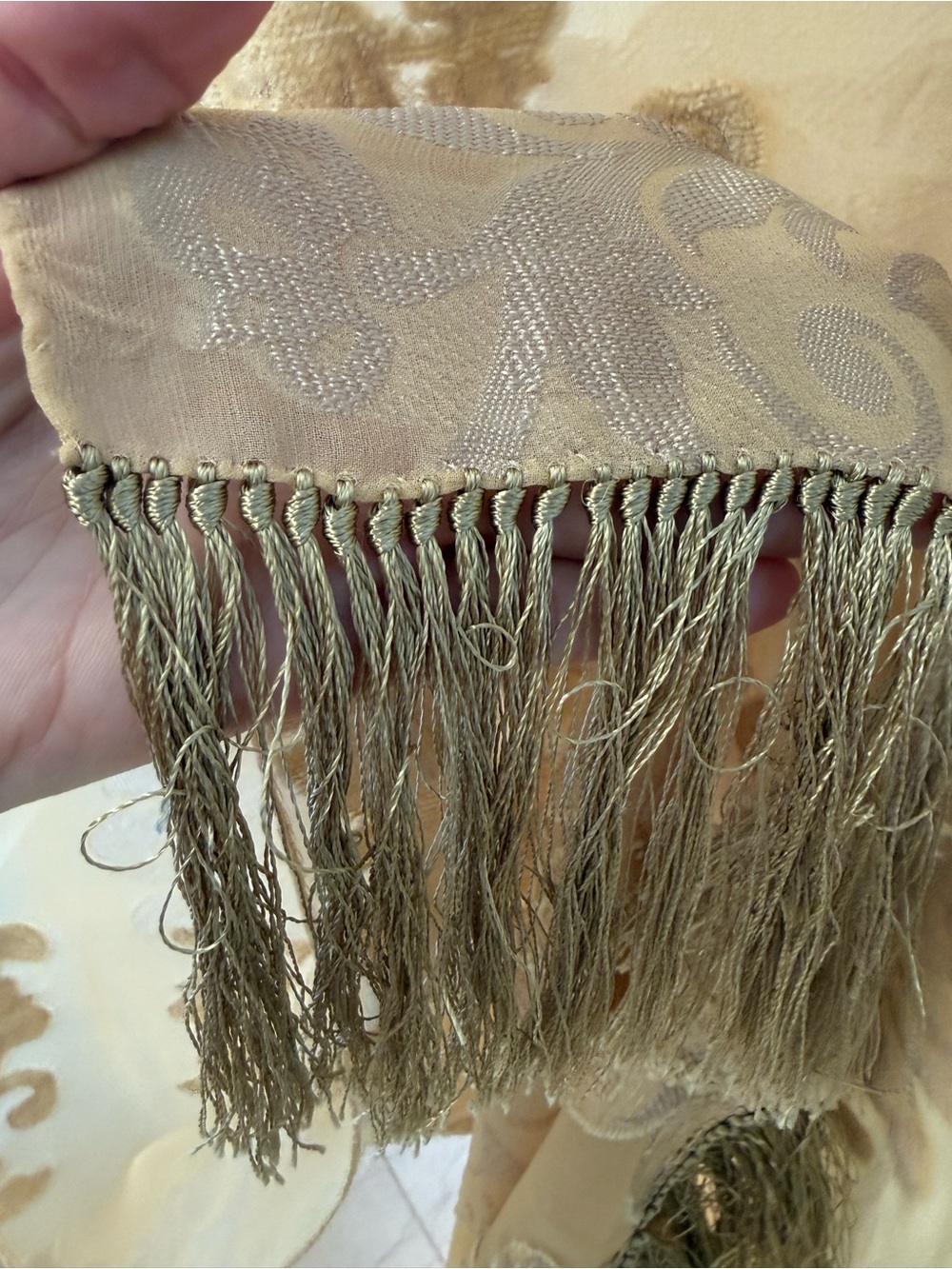 Salvatore Ferragamo Beige and Tan Sheer Logo-Trim Scarf w/ hand tied silk fringe - Picture 5 of 6